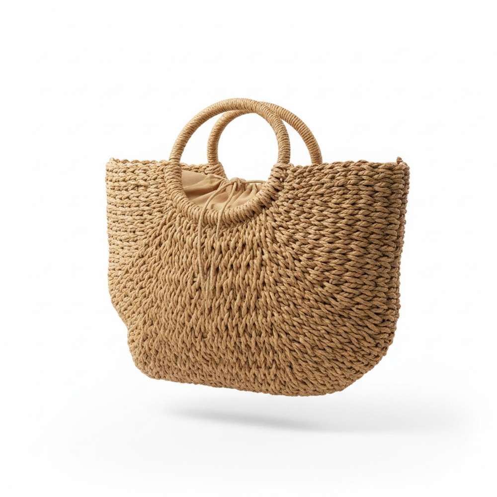 Straw Tote Bag Womens Medium Beige Woven Round Handle Beach Boho Lined